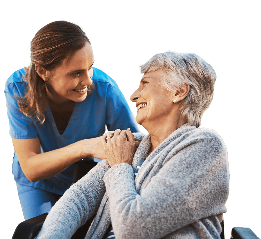 A caring healthcare professional providing compassionate home health care to an elderly woman, emphasizing personalized medical assistance and support at home.