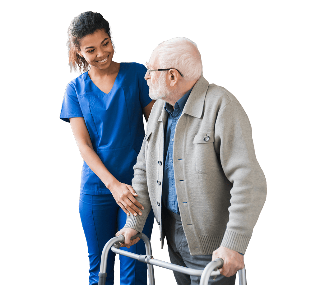 Compassionate home health care provider assisting elderly man with walker, emphasizing personalized senior care and support services.
