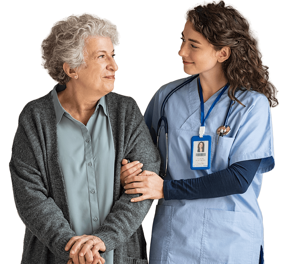 A caring nurse providing compassionate home health care to an elderly woman, emphasizing personalized medical assistance and support for seniors at home.